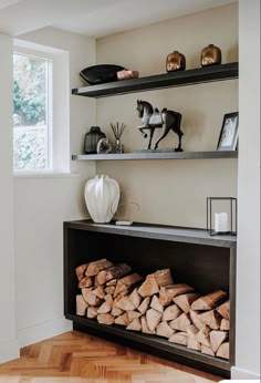 a living room filled with furniture and firewood