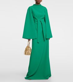 Crepe Maxi Dress in Green - Safiyaa | Mytheresa Pre-draped Green Evening Dress, Green Silk Floor-length Dress, Green Cape Sleeves Dress For Evening, Green Cape Sleeve Evening Dress, Evening Green Dress With Cape Sleeves, Green Evening Dress With Cape Sleeves, Maxi Length Evening Dress With Draped Sleeves, Chic Floor-length Crepe Dress, Green Dress For Gala