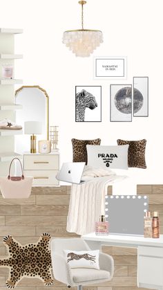 a bedroom with white furniture and leopard print accessories on the wall, including a chair