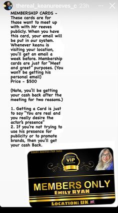 a black and gold business card with the words members only printed on it, along with an image of a woman's face