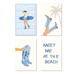 four different greeting cards with the words,'meet me at the beach'and an image of a woman holding a surfboard