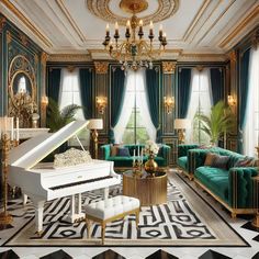 a living room filled with furniture and a grand piano in front of a chandelier