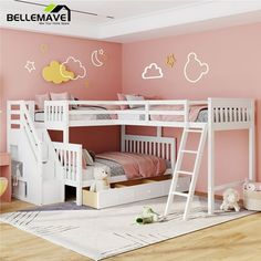 a child's bedroom with pink walls and white bunk beds