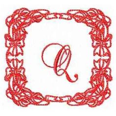 the letter q is made out of red thread and has an ornate frame around it