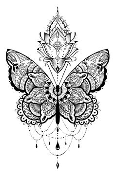 a black and white drawing of a butterfly with intricate designs on it's wings