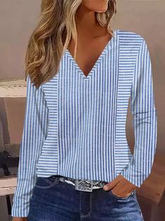 Zolucky offers stylish and concessional T-shirts.. SPU: 2942T-8U3E71, Color: Blue, Material:Knitted, Sleeve Length:Long Sleeve. Striped Stretch V-neck Top, Blue V-neck T-shirt For Fall, Stretch V-neck Tops With Graphic Print, Blue V-neck Tops For Fall, Casual Blue V-neck Top, Fall Graphic Print V-neck Tops, Striped Tops With Graphic Print For Fall, Striped V-neck Top For Fall, Fall Striped V-neck Top