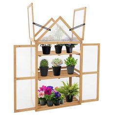 a wooden shelf filled with potted plants on top of each other