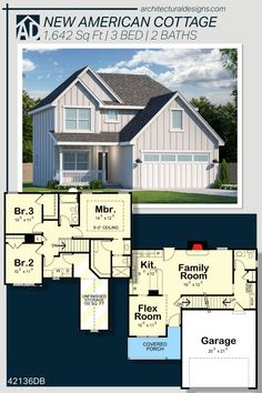 the new american cottage is shown in this floor plan