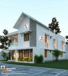 this is a 3d rendering of a modern style house in white and grey colors with lights on the windows