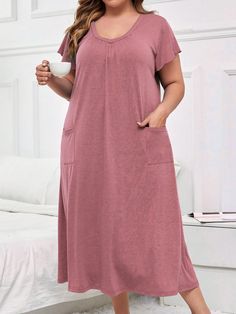 Casual Plus Size Women V-Neck Short Sleeve Pajama Night Dress With Double Pocket, Soft Skin-Friendly Fabric Long Dress Pink Casual-Woman  Cap Sleeve Knitted Fabric Plain Nightgowns Medium Stretch Spring/Fall,Summer Women Plus Sleep and Lounge, size features are:Bust: ,Length: ,Sleeve Length: Elegant Pant, Sleep Dress, Soft Skin, Caps For Women, Skin So Soft, Sleepwear Women, Dress 100, Dress Pink, Cap Sleeve