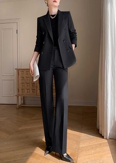 Elevate your professional wardrobe with the Monica Black Pants Suit Two-Piece Set. Crafted with a sophisticated black hue and double-breasted closure, this set exudes luxury and exclusivity. The straight-leg pants and tailored blazer provide a timeless and tasteful look for any business occasion. Blazer: Double Breasted closure Notched lapels Long sleeves Front flap pockets Pants Zip fly with button closure Side slant pockets Regular length - Polyester, spandex- Item #43197- Women's blazer & pan Women’s Three Piece Suit Outfit, All Black Formal Women, Suits For Business Woman, Black Pantsuits For Women, Elegant Pant Suits For Women, Double Breasted Suit For Women, Black Formal Women Outfit, Women’s Suits Black, Full Black Suit Women