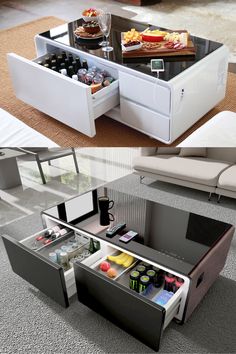 an open drawer in the middle of a coffee table with drinks and snacks on it