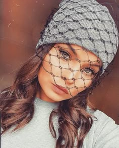 Beanie hat veiled, grey pull on beanie hat with black waffle net veil to front. Veil can be moved up and down on or off face.