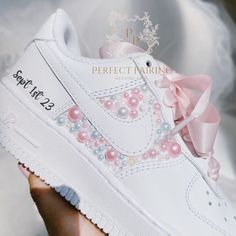 Custom Name And Date Swarovski And Pearls On The Outside Choose Your Font And Bundle A Laces For $5 Nike Wedding, Sneakers For Bride, Wedding Sneakers For Bride, Wedding Bride Shoes, Sneakers Wedding, Bride Sneakers, Personalized Sneakers, Quinceanera Shoes, Unique Wedding Shoes