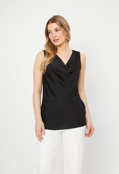 Indulge in the subtle sophistication of this sleeveless satin top. The draped cowl neck adds an alluring touch to the garment and elevates its classic straight silhouette. With its timeless appeal, this top is an exquisite addition to your wardrobe. Model is 5'9"/175 cm and wears a size 8Approximate length (size 12): 24" - 61 cm Joseph Ribkoff Dresses, Leopard Print Scarf, Fitted Turtleneck, Sequin Tank Tops, Satin Top, Cardigan Top, Tunic Styles, Blazer Fashion, Sequin Top