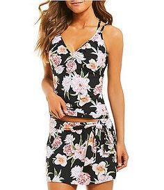 Alex Marie Pleasing Peonies Shirred Tankini Top & Skirted Bottom Swimsuit Spring Floral Print V-neck Tankini, Casual V-neck Tankini For Spring, Spring V-neck Stretch Tankini, Black V-neck Swimwear For Spring, Black V-neck Swimwear, Casual Stretch V-neck Tankini, Casual V-neck Stretch Tankini, Casual Black Tankini For Spring, Shaping Swimsuit