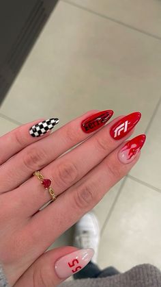 Nails For A Concert, Car Inspired Nails, Race Car Nails Designs, Car Nails Designs, Car Nail Art, Race Car Nails, Mclaren Nails, Race Nails, Formula 1 Nails