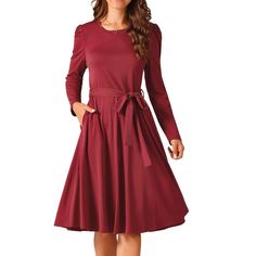 Seta T women's puff long sleeve crewneck knee length tie waist casual dress with pockets. Fashion style includes puff long sleeve, round neck, high waist, knee length, two pockets, and belted elegant dress. This dress will flatter any body shape, making it a timeless addition to any wardrobe. Suit for various occasions such as important events, parties, weddings, birthdays, cocktails, shopping, dating, weekend gatherings, beach outings, holidays, or any casual or special occasions. The chic and Dresses Puff Sleeve, Knee High Dress, Linen Slip Dress, Wine Red Color, Pockets Fashion, T Dress, Ballet Dress, Womens Knit Dresses, Puff Long Sleeves