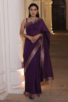 Jamuni purple saree crafted in moonga silk with gold toned mughal fleur woven detail along the scallop border. Paired with a strap sleeves square neck blouse. - Aza Fashions Cutdana Work, Vs Image, Square Neck Blouse, Purple Saree, Wedding Purple, Border Saree, Beads Work, Back Neck Designs, Georgette Blouse