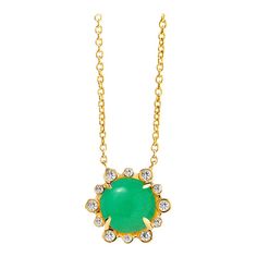 Created in 18 karat yellow gold  Chrysoprase 2.50 carats approx.  Diamonds 0.12 carat approx.  18 inch, adjustable at 16-17  Limited edition    Crafted from 18 karat yellow gold, this limited edition necklace features 2.50 carats of chrysoprase and 0.12 carats of diamonds. The length of the necklace is adjustable from 16 to 17 inches.      About the Designers ~ Dharmesh & Namrata    Drawing inspiration from little things, Dharmesh & Namrata Kothari have created an extraordinary and refreshing collection of luxurious jewels. True believers of destiny, they always feel that the possibilities of design - and life - are limitless when people work together. Formed in 2003, Syna Jewels has grown through enduring relationships with well known, established companies and have evolved by creating ma Luxury Yellow Gold Jade Necklaces, Luxury Yellow Gold Jade Necklace, Formal Yellow Gold Jade Necklace, Elegant Round Chrysoprase Necklaces, Gold Chrysoprase Pendant Necklace, Yellow Gold Jade Gemstone Necklace, Jade Gemstone Necklace In Yellow Gold, Luxury Green Cabochon Necklace, Elegant Green Chrysoprase Necklace