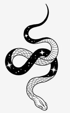 a black and white drawing of a snake with stars on its tail, it's head