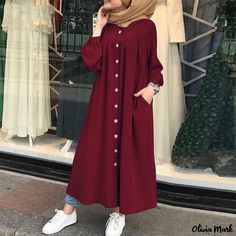 Olivia Mark - Womens Casual Long Sleeve Dress with Stand Collar and Color Block Design Muslim Long Dress, Solid Skirt, Loose Maxi Dress, Button Down Shirt Dress, Muslim Dress, Long Sleeve Casual Dress, Solid Color Dress, Sleeves Clothing, Shirt Dress Casual