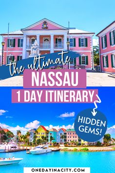 The Ultimate Nassau 1-Day Itinerary: Hidden Gems written over a picture of a pink building in Nassau and a harbor with colorful buildings lining it. Things To Do In Nassau Bahamas, Nassau Bahamas Things To Do, Bimini Bahamas Cruise Port, Carnival Elation Cruise, Honeymoon Cruise, Cruise Kids