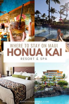 there are pictures of hotels and spas with the words where to stay on mau honua kai resort & spa