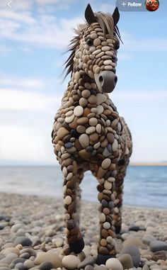 a horse made out of rocks and pebbles on the beach next to the ocean with a blue sky in the background