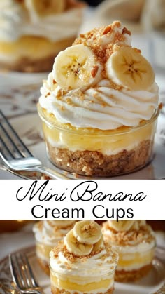 These Mini Banana Cream Cups bring together creamy banana filling and a whipped topping in a bite-sized form that’s perfect for fall festivities. With smooth, luscious flavors in every spoonful, they’re an easy dessert to make and a joy to share. Bring the taste of classic banana cream pie to your autumn table in an elegant, miniature style. Banana Dessert Cups, Easy Dessert With Bananas, Easy Dessert For Guests, Best Individual Desserts, Tropical Party Treats, No Bake Cup Desserts, Weekday Dessert Ideas, Desserts That Go With Hibachi, Fancy Party Desserts