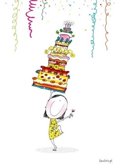 a drawing of a person carrying a stack of cake on his head with streamers