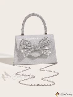 Bird in Bag - Glitter Rhinestone and Bow Decorated Square Bag - Perfect for Bridesmaids at Weddings, Proms and Parties Glamorous Rhinestone Bags For Prom, Silver Glitter Evening Bag For Wedding, Silver Sparkling Evening Bag For Prom, Sparkling Silver Evening Bag For Prom, Silver Embellished Evening Bag For Prom, Glamorous Glitter Evening Bag For Wedding, Bird In Bag, Square Bag, Top Handle