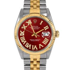 SKU#: 16013-RED-FDR-FLT-JBLPre-Owned Rolex 16013 Men's 36mm Datejust Watch, Custom Red Full Diamond Roman Dial & Rolex Yellow Gold Fluted Bezel on Rolex Yellow Gold & Stainless Steel Jubilee Band Model#: 16013 Case: Rolex 36mm Stainless Steel Case Movement: Rolex Automatic 3035 Caliber Dial: Custom Red Dial with Full Diamond Roman Hour Markers (Not Made by Rolex) Bezel: Rolex Yellow Gold Fluted Bezel Band: Rolex Yellow Gold & Stainless Steel Jubilee Band This Beautiful Watch Comes Fully Serviced