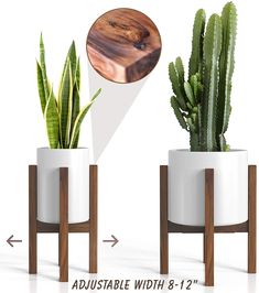 two planters with plants in them are shown side by side, one has a wooden top and the other is white