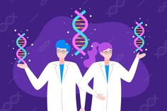 two people in lab coats holding up double - strands with the same color as they are