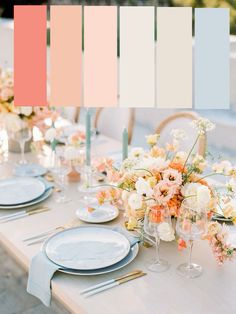 an image of a table setting with flowers and place settings on the table in pastel shades