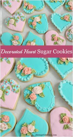 decorated cookies in the shape of hearts and flowers