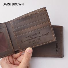 "Personalized with a name and a handwritten message of your choice, this wallet will be a perfect sentimental gift for your loved one. The message engraved on the inside could be up to 15 words. ► MORE ∙ P E R S O N A L I Z A T I O N Add more personal touch to your gifts with a Custom Aluminum Wallet Insert Card from this listing: https://etsy.me/3x6Jum5 The perfect gift combo that the recipient is sure to cherish for years to come. P R O D U C T ∙ I N F O * Material: Genuine cowhide leather * D Engraved Bifold Wallets For Gift, Engraved Bifold Wallet As Gift, Engraved Bifold Wallets As Gifts, Personalized Brown Rectangular Trifold Wallet, Vintage Black Trifold Wallet For Gifting, Vintage Black Trifold Wallet As A Gift, Vintage Black Trifold Wallet As Gift, Personalized Brown Wallets For Father's Day, Personalized Black Wallets As Gifts