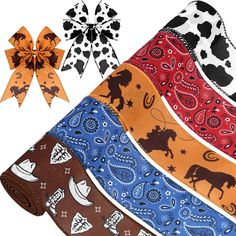 four bandannas with different designs and colors on them, all tied up together