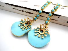 Turquoise Earrings Wavy Enameld Discs Brass by ChelseaGirlDesigns, $23.00 Turquoise Beaded Brass Jewelry, Whimsical Handmade Turquoise Earrings, Turquoise Soldered Brass Earrings, Soldered Turquoise Brass Earrings, Turquoise Nickel-free Brass Jewelry, Turquoise Dangle Brass Earrings, Turquoise Dangle Earrings With Ocean-inspired Style, Nature-inspired Turquoise Dangle Earrings, Bohemian Turquoise 14k Gold-filled Earrings