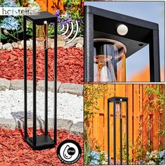 a series of photos showing the different parts of a solar powered lamp in front of a wooden fence