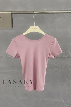 Lasaky - Elegant Cross-Back Short Sleeve T-Shirt with Streamlined Design Fitted Summer T-shirt In Solid Color, Trendy Plain Crew Neck Tops, Spring Plain Stretch T-shirt, Fitted Plain T-shirt For Summer, Trendy Solid Color Scoop Neck T-shirt, Fitted Solid Color T-shirt For Spring, Spring Fitted T-shirt, Pink Crew Neck Top, Fitted Crew Neck Top In Solid Color