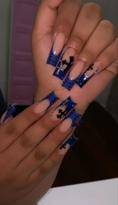 By @cinxnailz Blue Nail Designs Y2k, Cute Blue Acrylic Nail Designs, Blue Y2k Acrylic Nails, Blue Chrome Heart Nails, Nail Inspiration Dark Blue, Blue And Black Nails Ideas, Bold Nail Ideas, Cute Medium Nails Ideas, Blue Birthday Nails Acrylic