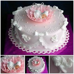 there is a cake decorated with pink and white icing on the top, along with other pictures of it