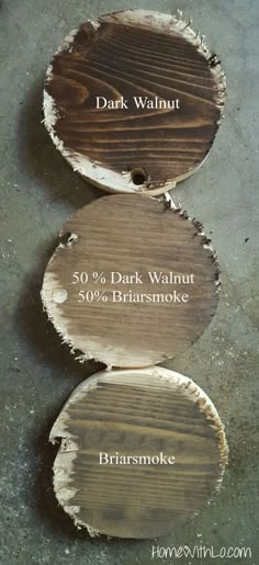 three pieces of wood that have been cut in half and labeled with the words dark walnut