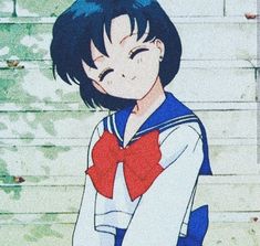 an anime character with blue hair and red bow tie