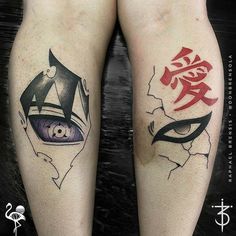 two tattoos on both legs that have different designs