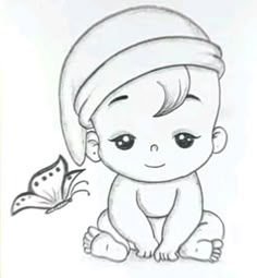 a drawing of a baby sitting next to a butterfly