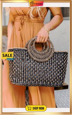 Black Vintage Straw Woven Vacation Hand Bag Black Tote Satchel For Summer, Black Satchel For Summer, Black Tote Satchel For Vacation, Black Double Handle Satchel For Vacation, Black Straw Tote Bag With Handles, Black Straw Bag With Double Handles, Black Tote Straw Bag With Handles, Black Beach Bag With Handles For Travel, Black Beach Bag For Daily Use