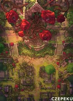 an aerial view of a garden with red roses